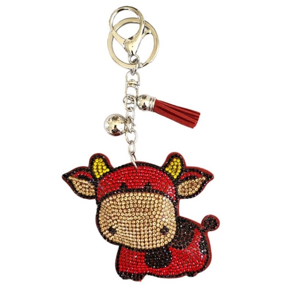 Accessories - NWT rhinestone Red Cow keychain purse charm vegan suede